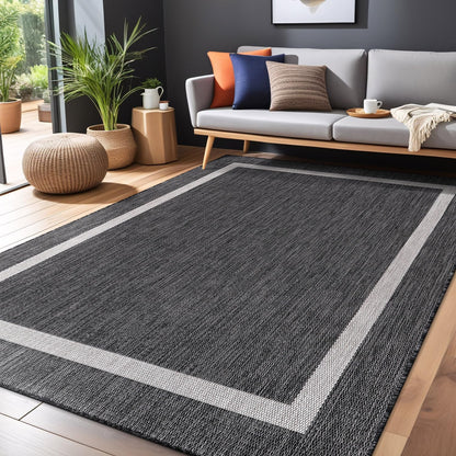Bordered Outdoor Rug 5x7 Washable Outside Carpet for Indoor Patio Porch Waterproof Easy Cleaning Non Shedding Area Rugs Gray 5 x 7