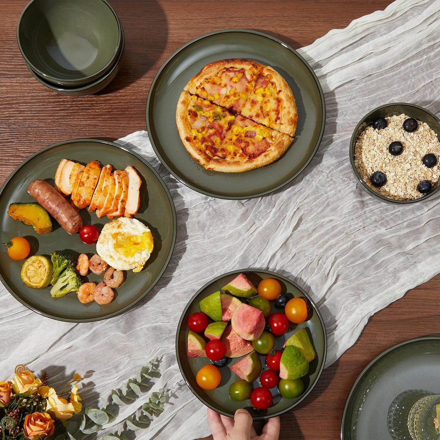 Santorini Mist Terracotta Reactive Glaze Plates and Bowls Sets, Stoneware Dinnerware Sets, Microwave and Dishwasher Safe Ceramic Dish Set Service for 4, Blackish Green