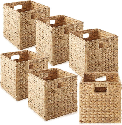 Casafield 10.5" x 10.5" Water Hyacinth Storage Baskets, Natural - Set of 6 Collapsible Cube Organizers, Woven Bins for Bathroom, Bedroom, Laundry, Pantry, Shelves