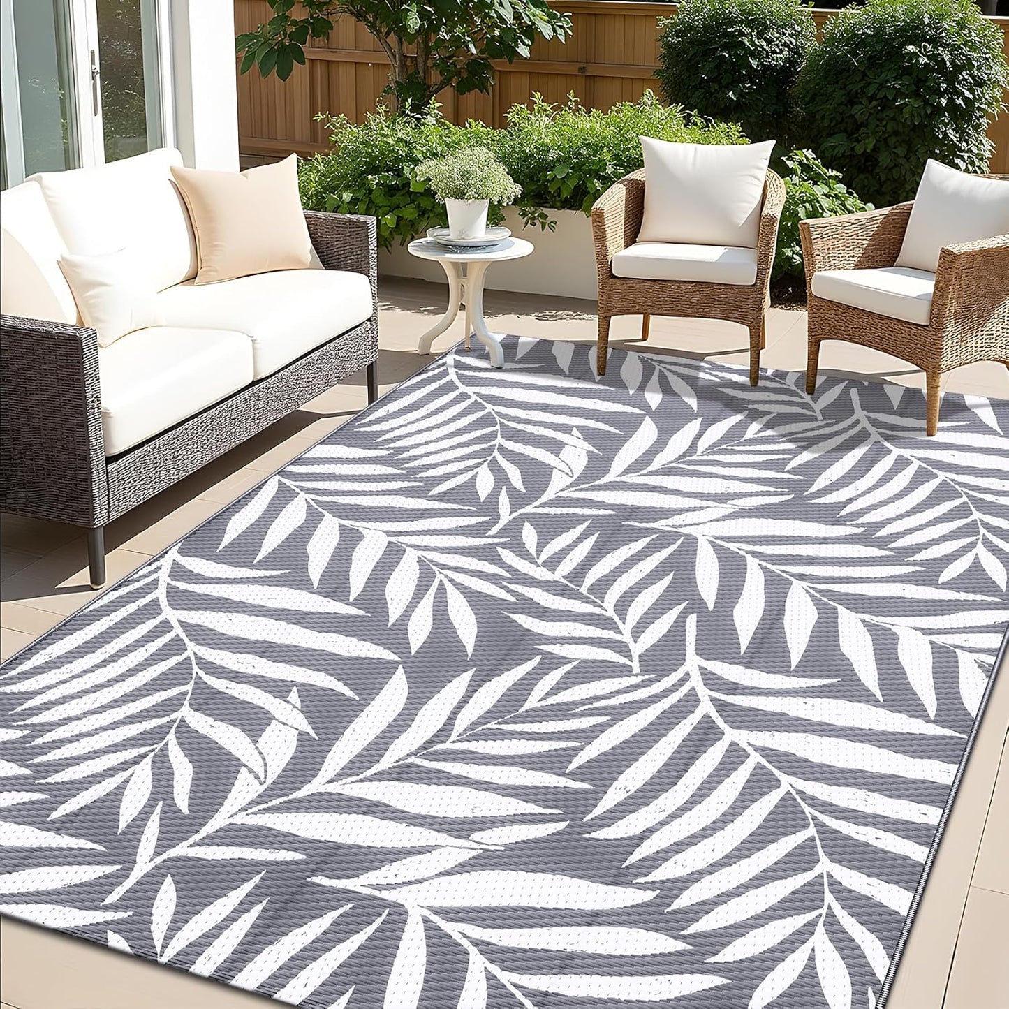 OLANLY Waterproof Outdoor Rug 5x8 ft, Reversible Outdoor Plastic Straw Rug with Leaf Pattern, RV Mat, Indoor Outdoor Carpet for Patio, Camping, Balcony, Deck, Backyard, Grey & White