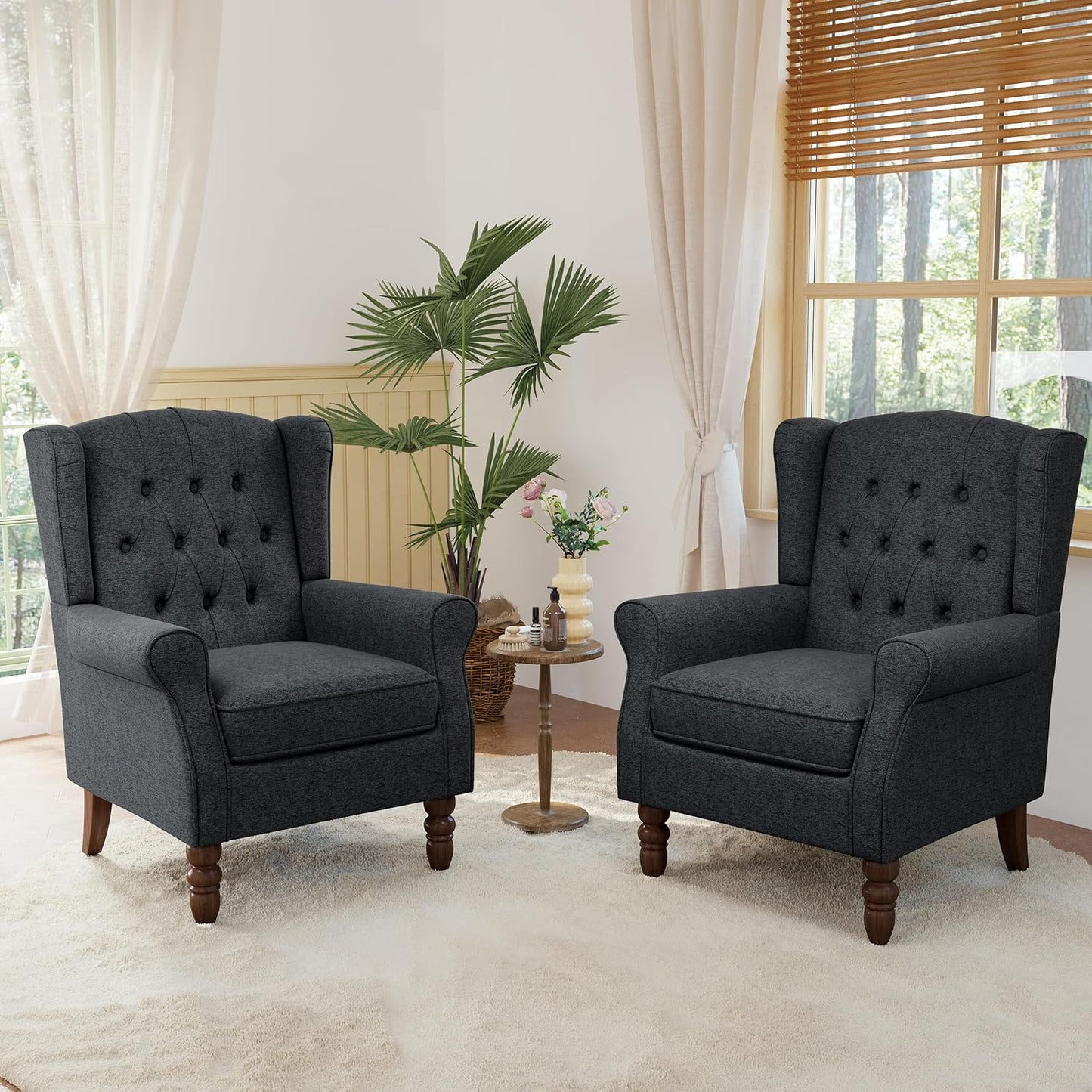 Lumibee High Back Accent Chair Set of 2,Upholstered Wingback Armchair with Solid Wood Legs for Small Spaces,Comfy Single Sofa Chair for Living Room,Bedroom,Office-Black Blue
