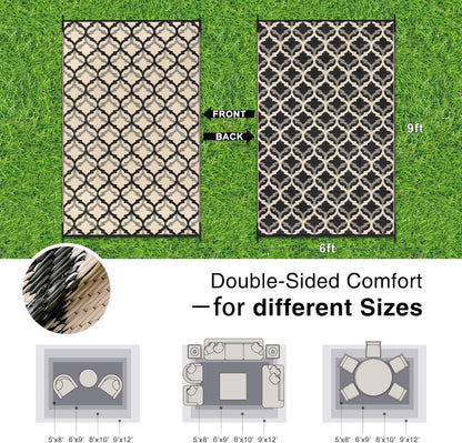 OLANLY Reversible Outdoor Rug 6x9 ft Clearance, Waterproof Outdoor Plastic Straw Rug with Interlacing Pattern, RV Mat for Patio, Camping, Balcony, Deck, Backyard, Black & Beige