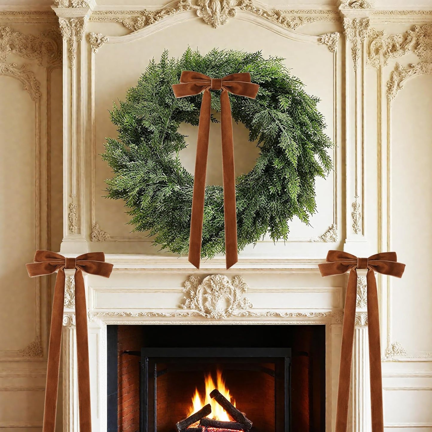 Senjie 10Pcs Large Velvet Christmas Tree Bows, 20in x 8in Premade Vintage Ribbon Tree Topper Bows Ornaments for Staircase Garland Wreath Holiday Home DIY Crafts Decorations, Light Brown