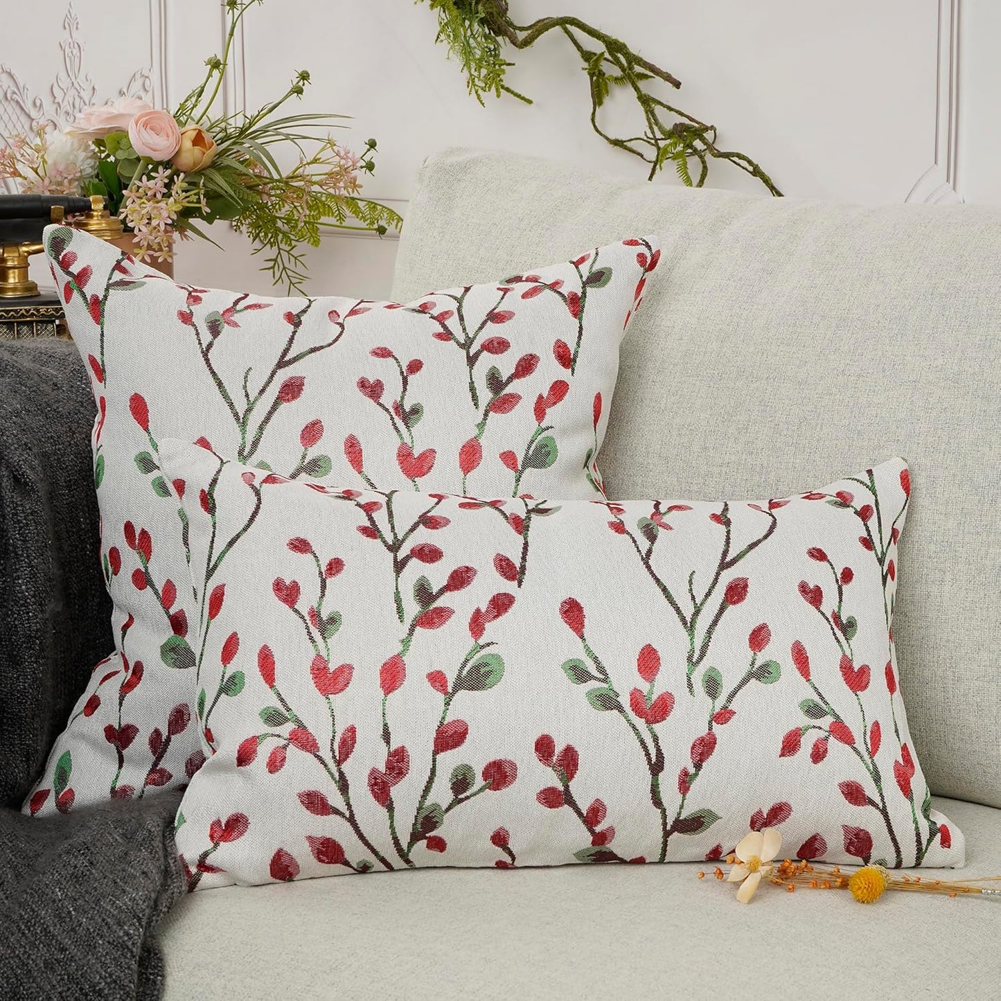 YOUR SMILE Christmas Red Classical Embroidery Jacquard Teal Leaf Pattern Square Decorative Throw Pillow Case Cushion Cover 18 x 18 inch