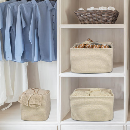 Rope storage Basket Bins Woven Basket for Organizing Shelves Rectangle Decorative Baskets For storage Clothes Toys Books Towels Square Wicker Nursery basket organizer 3 pack Oatmeal