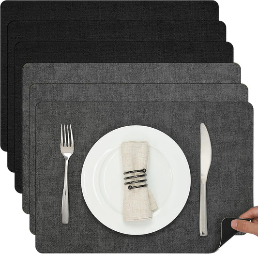 Myir JUN Placemats Dual Sided, Faux Leather Place Mats Set of 6 Indoor Placemats for Dining Table Outdoor Placemats Manteles Individuales Square Non-Slip Washable Table Mats (Gray Black, Set of 6)