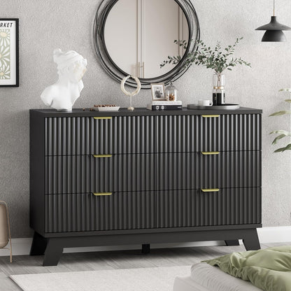Fluted Dresser for Bedroom with 6 Drawers, 48" Wide Wooden Chest of Drawers with Metal Handle, Modern Dresser TV Stand, Wood Closet Clothes Storage Organizer for Living Room, Hallway, Black