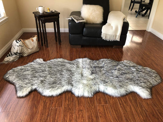 LAMBZY Faux Sheepskin Super Soft Hypoallergenic Free Shape Silky Shag Rug, Luxury Shaggy Silky Plush Carpet for Bedrooms Rugs Living Room Sofa Floor Rugs (Double 2'x6', White/Black Tips)