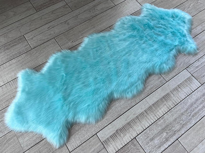 LAMBZY Faux Sheepskin Super Soft Hypoallergenic Free Shape Silky Shag Rug, Luxury Shaggy Plush Carpet for Bedrooms Living Kids Room Sofa Rugs (Blue, Double 2'x6')