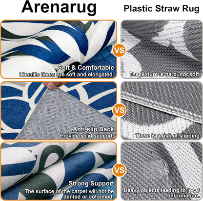 Indoor Outdoor Area Rug Washable Multicolored Patio Rug Tropical Botanical Modern Floral Indoor Outdoor Carpet Blue White Rug Non Slip for Patio, Deck, Backyard, Porch (5x8)