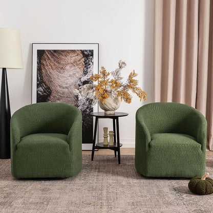 KINWELL 32" Wide Modern Boucle Swivel Barrel Chairs Set of 2, No Assembly Round Upholstered Swivel Accent Armchairs for Living Room, Bedroom (Green)