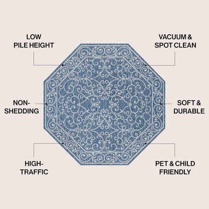 JONATHAN Y Vintage Filigree Indoor Outdoor Octagon Area Rug 8 Ft Navy/Gray, Charleston Textured Weave for Backyard, Patio, Porch, Easy-Cleaning, High Traffic, Pet-Friendly, Non-Shedding (SMB106D-8TGN)