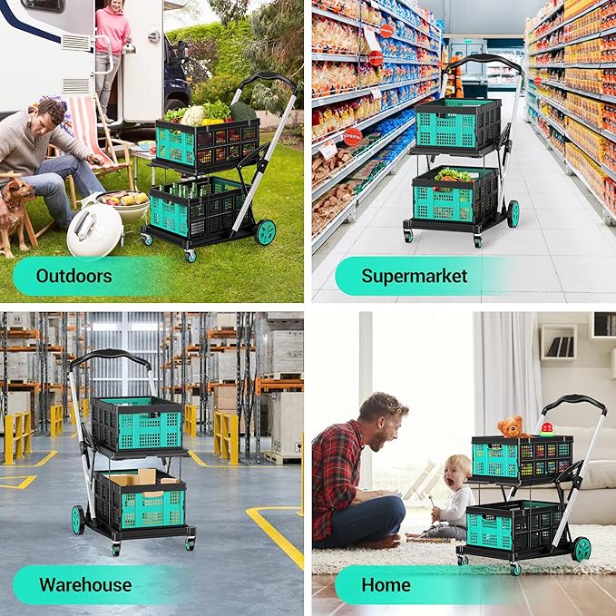 Collapsible Shopping Cart, 8-in-1 200LBS Multi Functional Utility Cart with 2 Storage Crate, Adjustable Handle Grocery Cart on Wheels for Shopping/Warehouse/Office/Supermarket - Blue