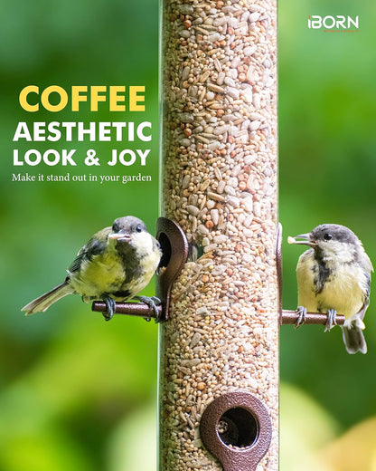 iBorn Metal Bird Feeder Hanging Wild Bird Seed Feeder for Mix Seed Blends Heavy Duty All Metal Coffee Finish,14 Inch 6 Port,Pack of 2