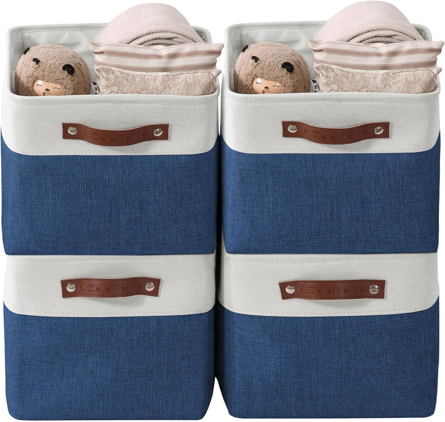 DECOMOMO Storage Bins Fabric Storage Baskets for Shelves, Linen Closet Organization Toys Nursery (Navy Blue and White, Large - 4 Pack)