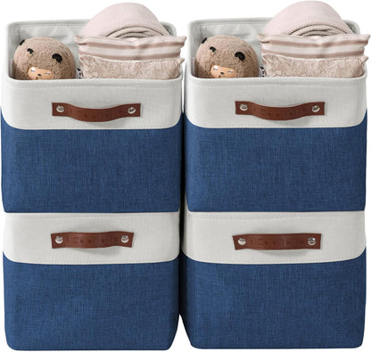 DECOMOMO Storage Bins Fabric Storage Baskets for Shelves, Linen Closet Organization Toys Nursery (Navy Blue and White, Large - 4 Pack)