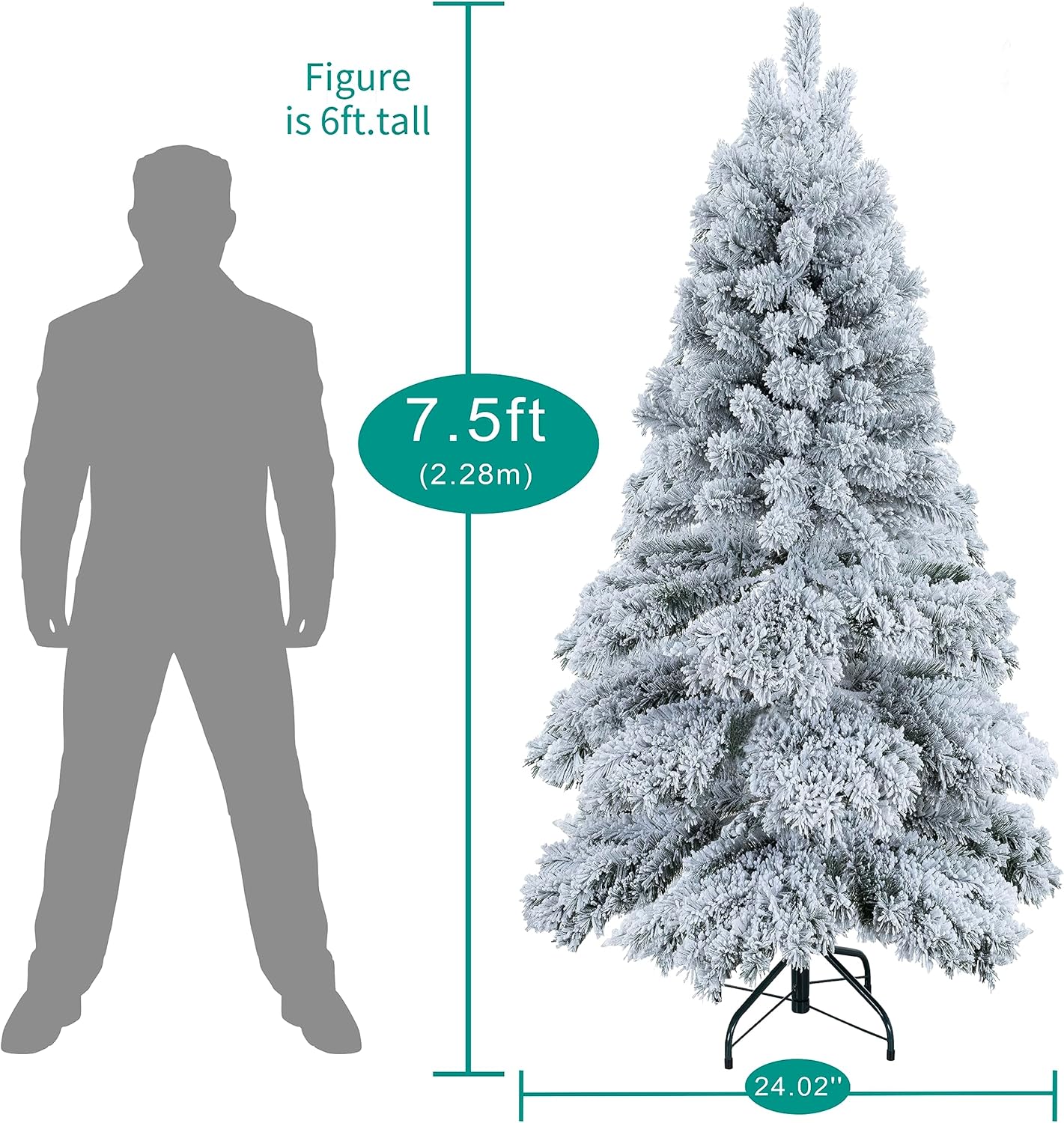 Naomi Home 7.5ft Snow Flocked Christmas Tree with Lights, Realistic Frosted Prelit with 1324 Branch Tips, 650 Warm Lights and Metal Stand, Aritificial Tree