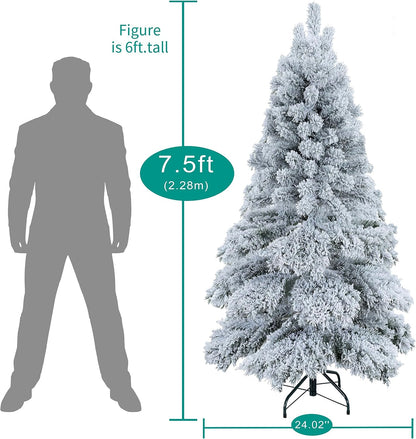 Naomi Home 7.5ft Snow Flocked Christmas Tree with Lights, Realistic Frosted Prelit with 1324 Branch Tips, 650 Warm Lights and Metal Stand, Aritificial Tree