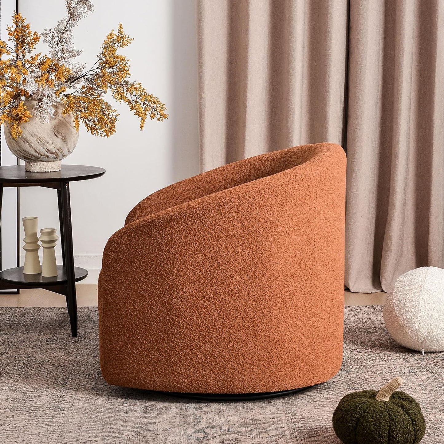 KINWELL 32" Wide Swivel Boucle Accent Chair Armchair, No Assembly Mid-Century Modern Round Upholstered Barrel Chair for Living Room, Bedroom, Office (Caramel)