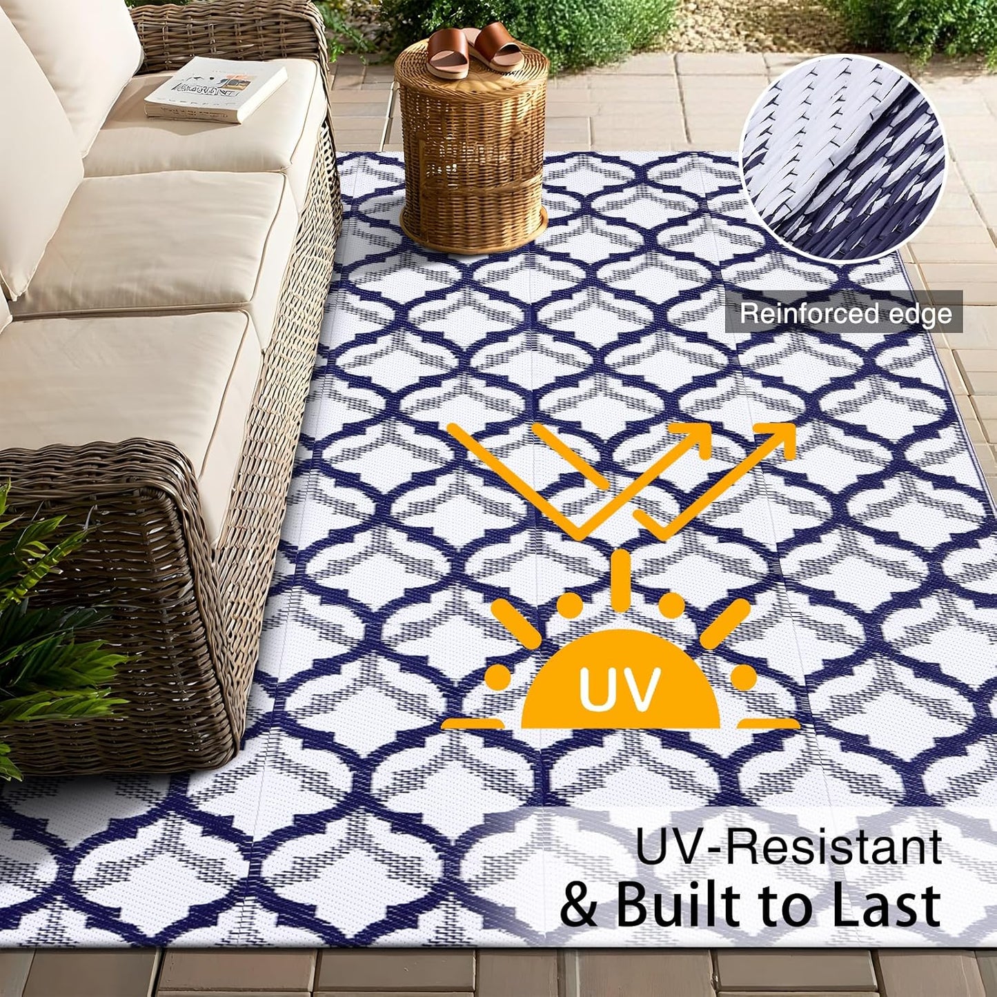 OLANLY Reversible Outdoor Rug 5x8 ft Clearance, Waterproof Outdoor Plastic Straw Rug with Interlacing Pattern, RV Mat for Patio, Camping, Balcony, Deck, Backyard, Navy & White