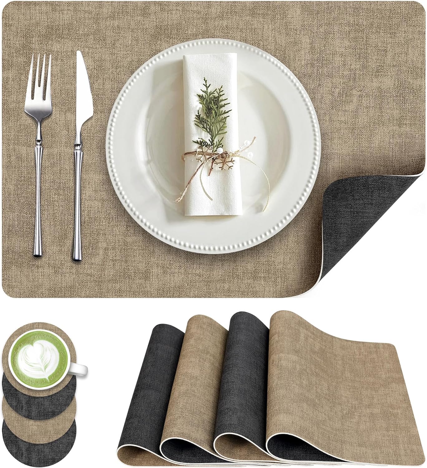 Faux Leather Dual Sided Placemats Set of 4, Square Non-Slip Heat Resistant Placemats with Coaster, Reversible wipeable Waterproof Table Mats for Kitchen, Dining, Outdoor (4, Black Light Coffee)