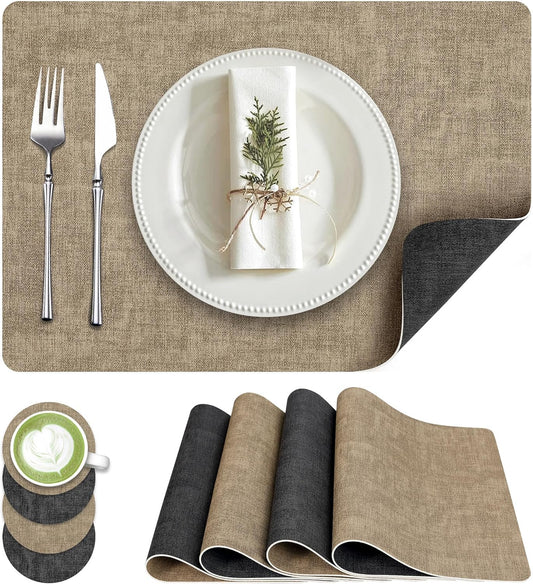 Faux Leather Dual Sided Placemats Set of 4, Square Non-Slip Heat Resistant Placemats with Coaster, Reversible wipeable Waterproof Table Mats for Kitchen, Dining, Outdoor (4, Black Light Coffee)