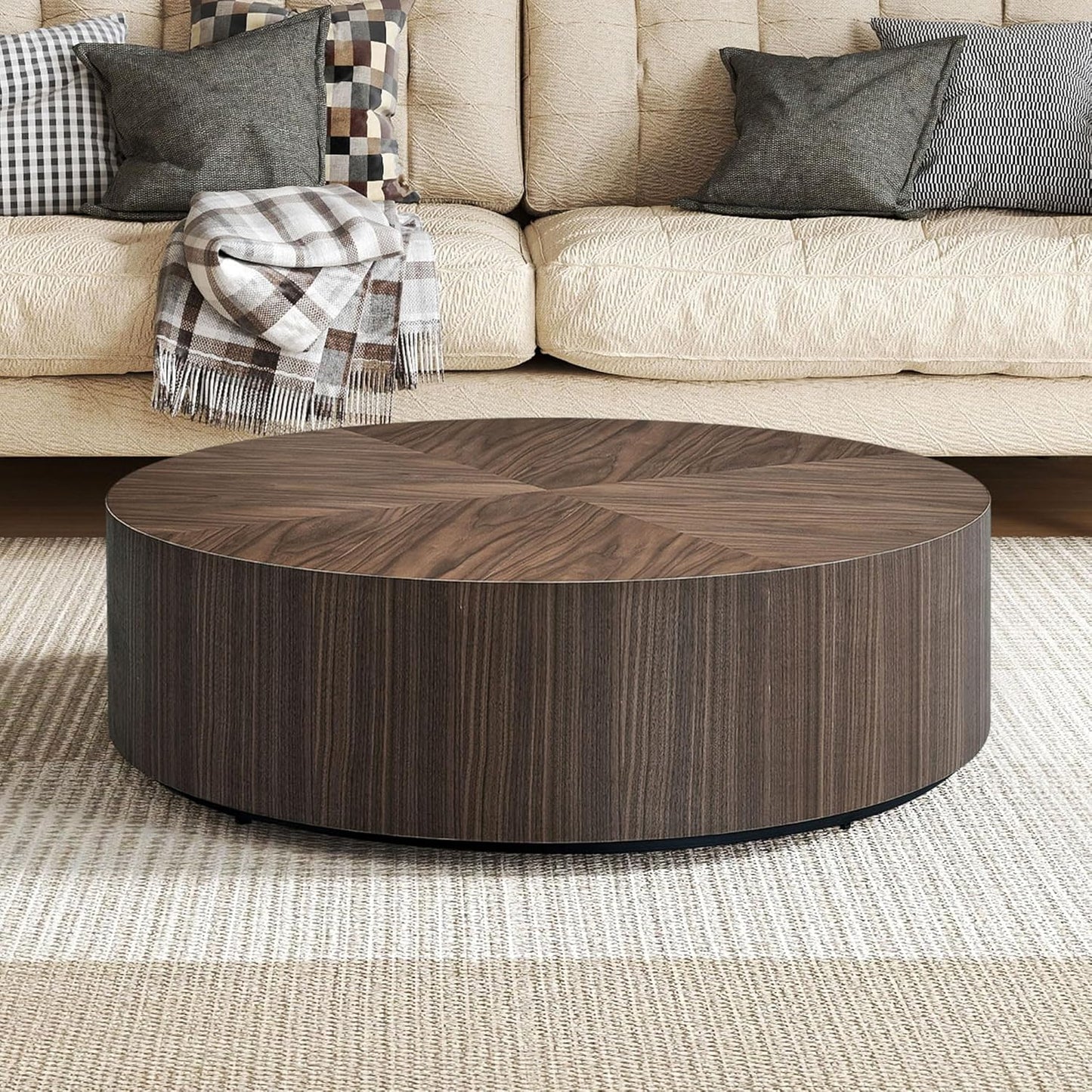 LATBASK 35.5" Round Coffee Table,Rustic Dark Wood Finish,Modern Minimalist Low-Profile Coffee Table for Living Room,Scandinavian Industrial Style,Compact Round Center Table for Small Spaces (Walnut)