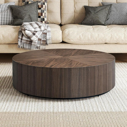 LATBASK 35.5" Round Coffee Table,Rustic Dark Wood Finish,Modern Minimalist Low-Profile Coffee Table for Living Room,Scandinavian Industrial Style,Compact Round Center Table for Small Spaces (Walnut)