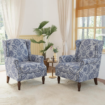 Lumibee High Back Accent Chair Set of 2, Armchair in Fabric,Comfy Upholstered Wingback Single Sofa Reading Chairs with Solid Wood Legs for Living Room,Bedroom,Office-Navy