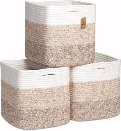 NaturalCozy Storage Cubes 11 Inch Cotton Rope Woven Baskets for Organizing, 3-Pack | Cube Storage Bin | Square Storage Baskets for Shelves Organizer, Classroom, Kids Toy Bins, Closet, Baby Nursery