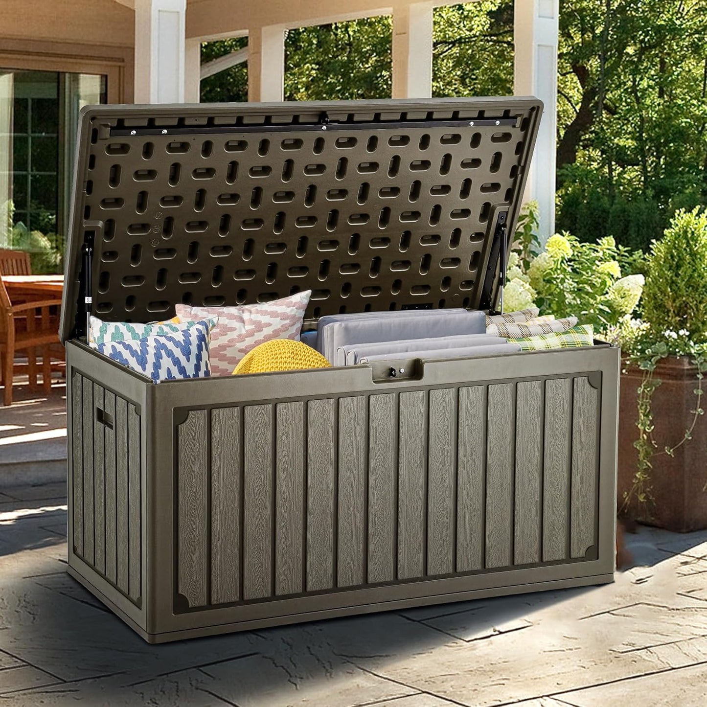 YITAHOME 90 Gallon Large Deck Box, Double-Wall Resin Outdoor Storage Boxes, Deck Storage for Patio Furniture, Cushions, Pool Float, Garden Tools, Lockable & Waterproof (Light Brown)