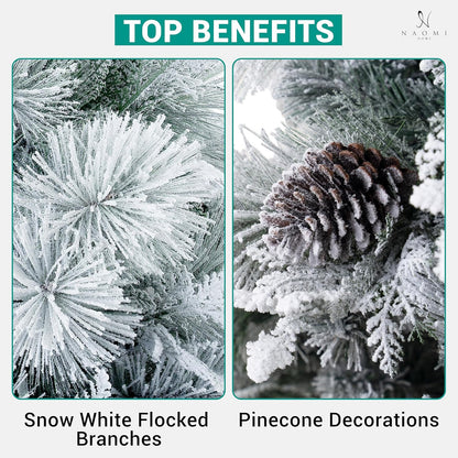 Darla 9ft Snow Flocked Prelit Artificial Christmas Tree with Star Projector, 58 Pine Cones, 1612 Branch Tips, 720 Warm Lights and Metal Stand, 58" Wide Snowy Frosted Pine Christmas Tree with Lights