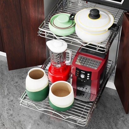 HOLDN’ STORAGE Two Tier Pull Out Cabinet Organizer, Individual Sliding Drawers - Heavy Duty Metal with Lifetime Limited Warranty - Anti Rust Chrome Finish - 12" W x 21”D x 16.5" H