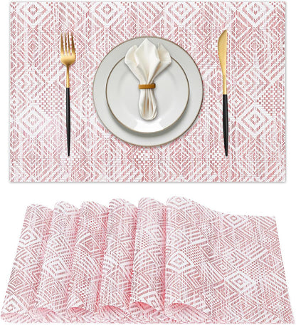 Vinyl Plastic Placemats Set of 6 Washable Heat Resistant Non-Slip Elegant Indoor Outdoor Kitchen Dining PVC Woven Table Place Mats (Red Pink Squares)