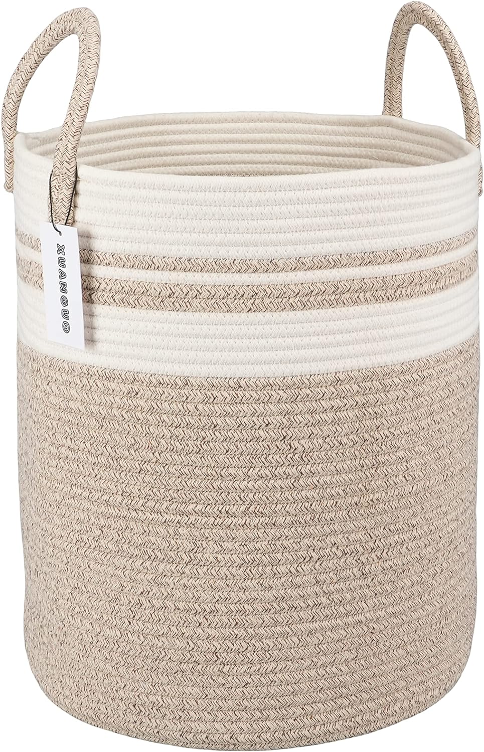 Cotton Rope Laundry Basket Hamper for Clothes Woven Storage Basket for Living Room Bedroom Boho Tall Rope Baskets for Blanket Toys Pillow Towels Baby Nursery Hamper Bin Large brown and white