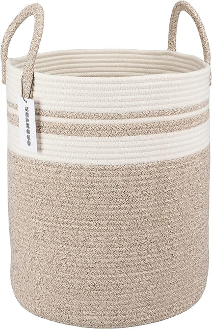 Cotton Rope Laundry Basket Hamper for Clothes Woven Storage Basket for Living Room Bedroom Boho Tall Rope Baskets for Blanket Toys Pillow Towels Baby Nursery Hamper Bin Large brown and white