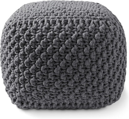 Casafield Square Pouf Ottoman, Dark Gray 18.5" W x 18.5" D x 14.5" H Cotton Knit Foot Stool - Boho Floor Pouffe for Living Room, Bedroom, Home Office