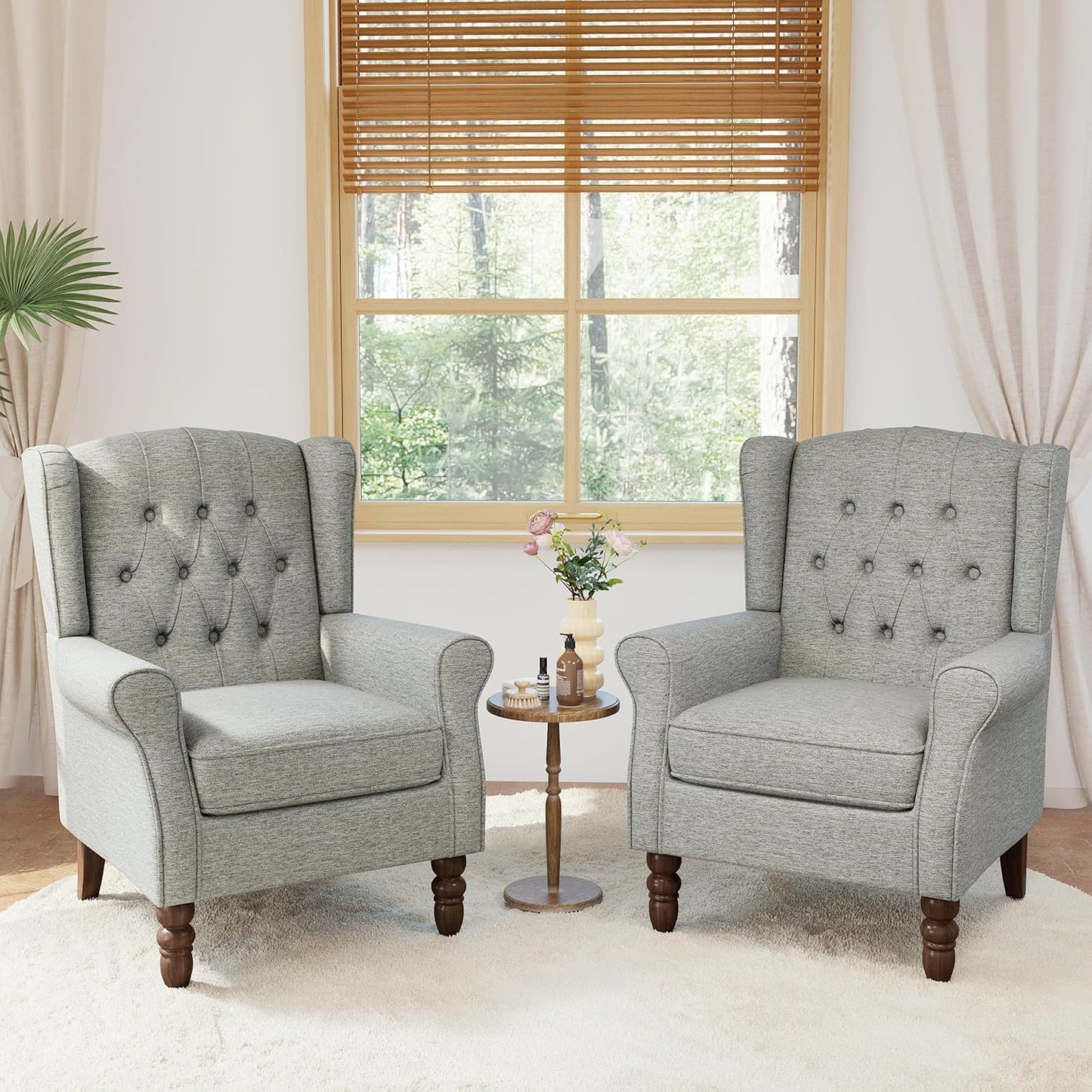 Lumibee High Back Accent Chair Set of 2,Upholstered Wingback Armchair with Solid Wood Legs for Small Spaces,Comfy Single Sofa Chair for Living Room,Bedroom,Office-Light Gray