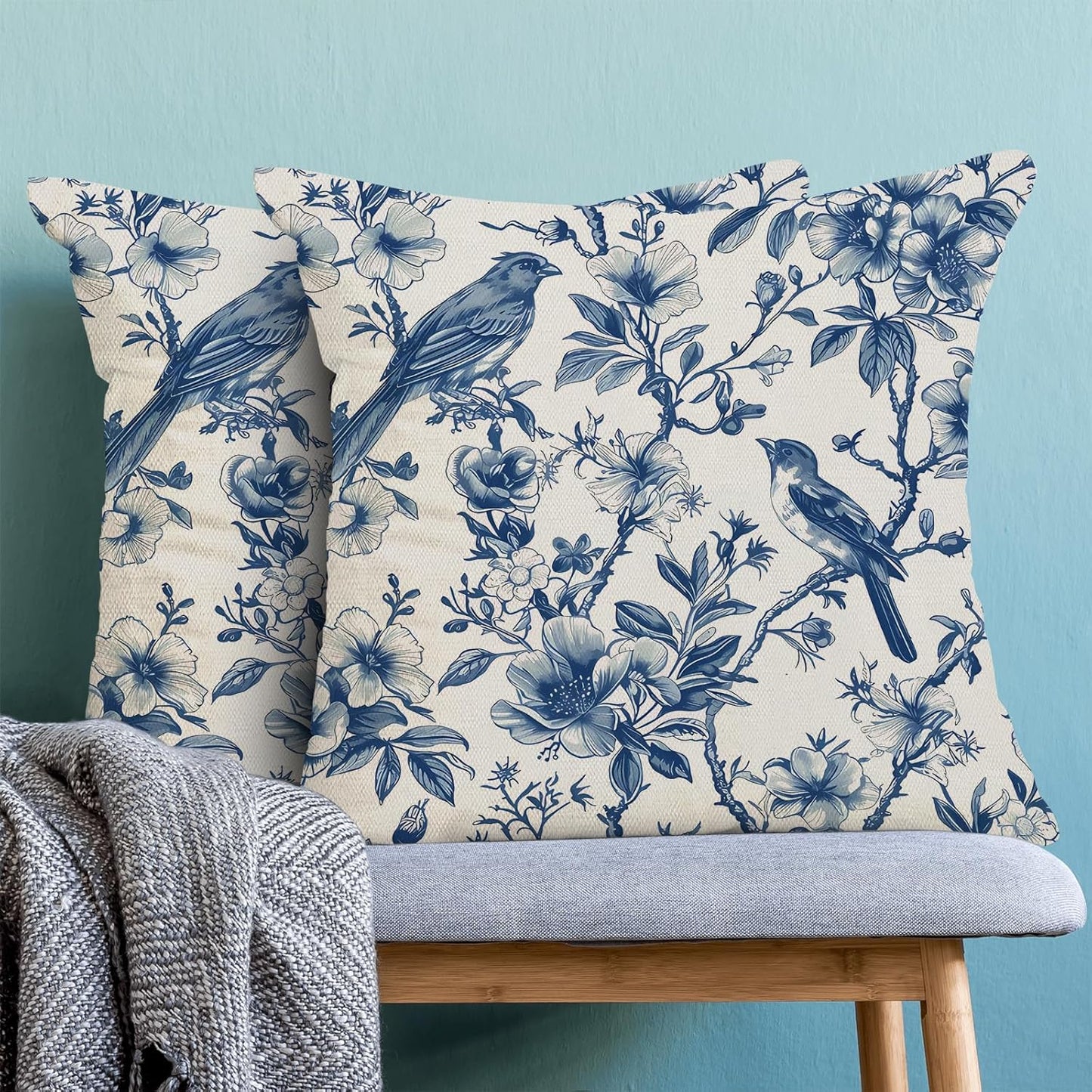 Navy Blue Spring Floral Pillow Covers 18 x 18 Inch Set of 2 for Chinoiserie Vintage Flowers Bird Decor Throw Pillows Plant Farmhouse Outdoor Decorative Cushion Cases for Couch Bed Decorations