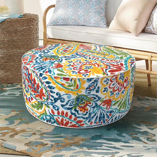 Inflatable Ottoman Stool D21 xH9 for Outdoor/Indoor Use, Water Repellent Patio Foot Rest Stool with Portable Handle,Round Pouf Ottoman Suitable for Garden,Deck and Camping - Paisley Multi