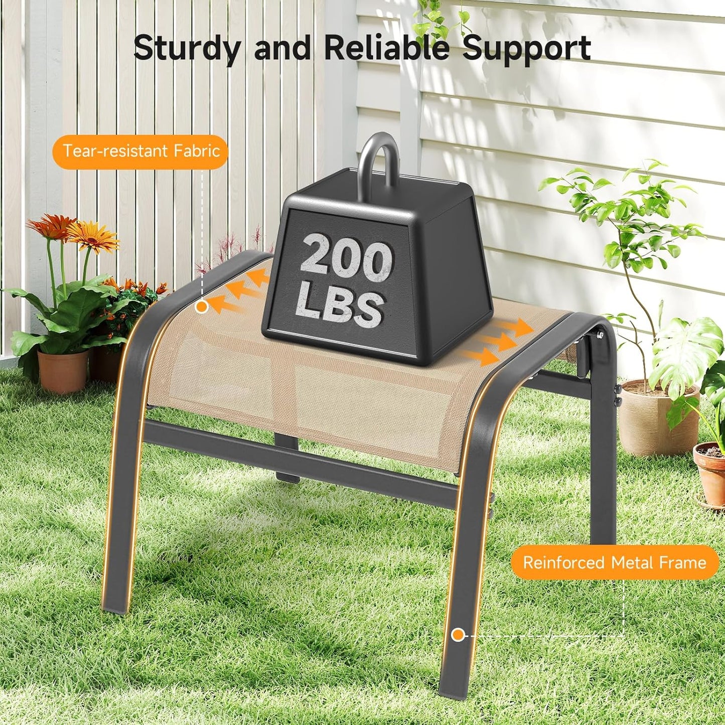 Outdoor Ottoman Set of 2, All Weather Outdoor Foot Stool with Supportive Textliene and Metal Frame, Stackable Oversized Outdoor Foot Rest for Furniture Patio Garden Pool, Beige