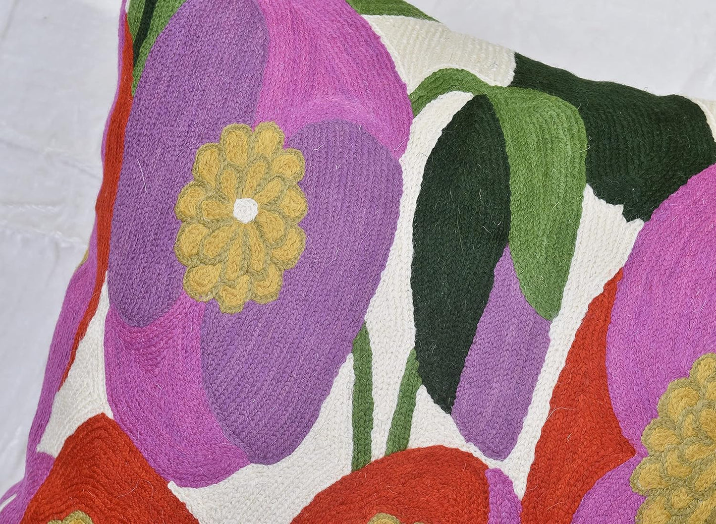 Lily Pink Flower Pillow Cover | Suzani Accent Pillow | Outdoor Floral Pillows | Hand Embroidered Wool Cushion - 18x18