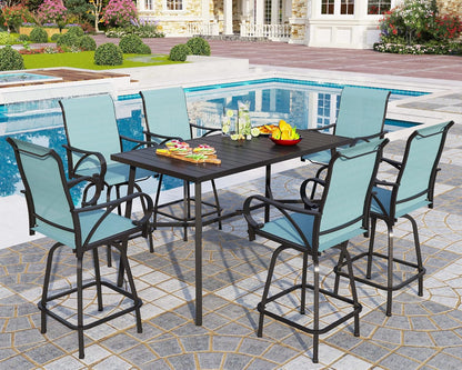 PHI VILLA 7 Piece Outdoor Bar Dining Set, High Top Patio Table and Chairs with 6 Swivel Teal Bar Stools & 40" Rectangle Metal Bar Table for Garden, Yard and Deck