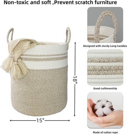 Cotton Rope Laundry Basket Hamper for Clothes Woven Storage Basket for Living Room Bedroom Boho Tall Rope Baskets for Blanket Toys Pillow Towels Baby Nursery Hamper Bin Large brown and white