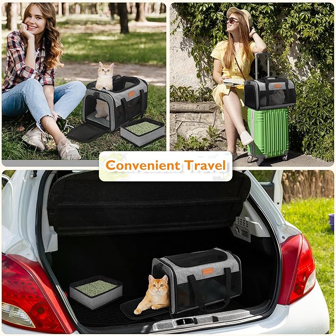 PETUX Cat Travel Carrier with Litter Box - 17"x11"x9.5", TSA Airline Approved, Underseat, Soft Sided Pet Carrier for Small Cats Under 12 lb with Safety Zipper, Anti-Scratch Mesh - Grey