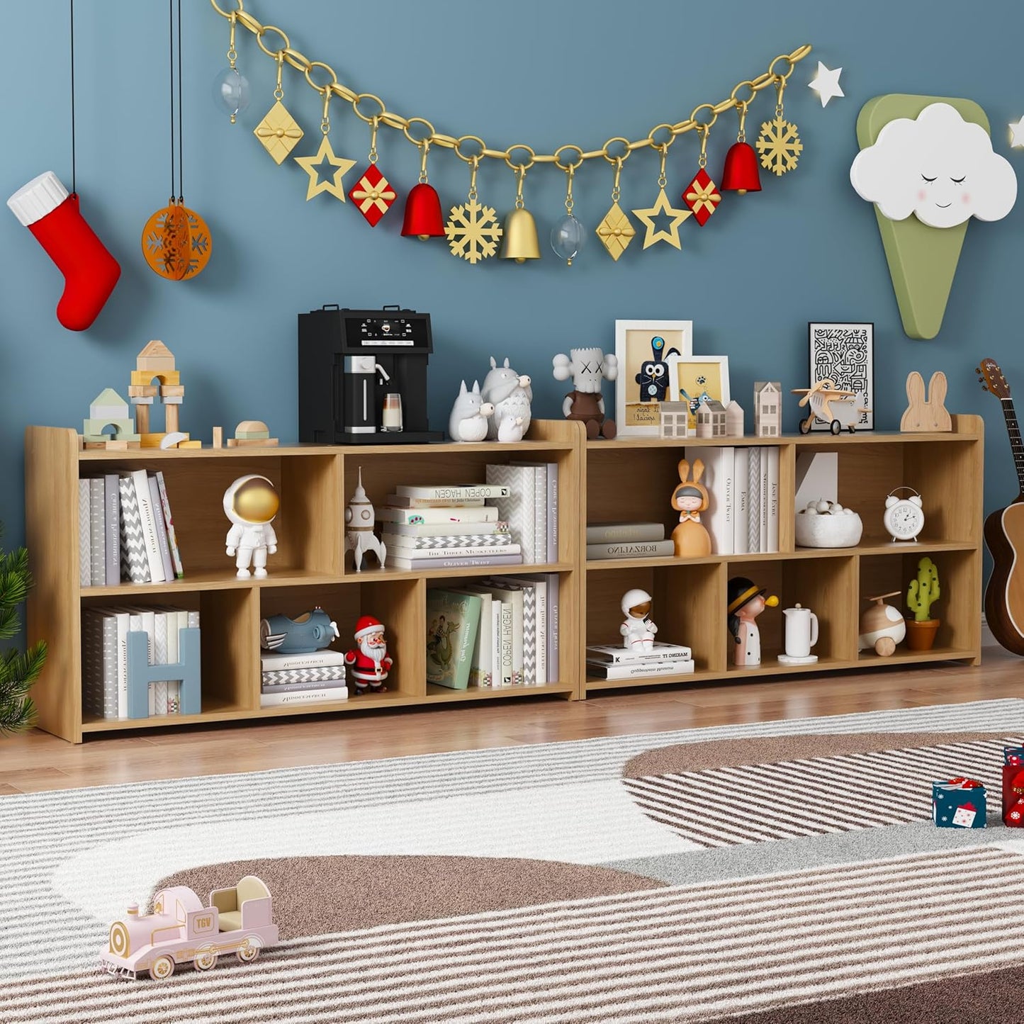 Book Shelf, 5 Cubes Storage Organizer, Open Shelf Wooden Bookcase, Freestanding Log Bookshelf Cube Shelf for Bedroom, Living Room, Home Office