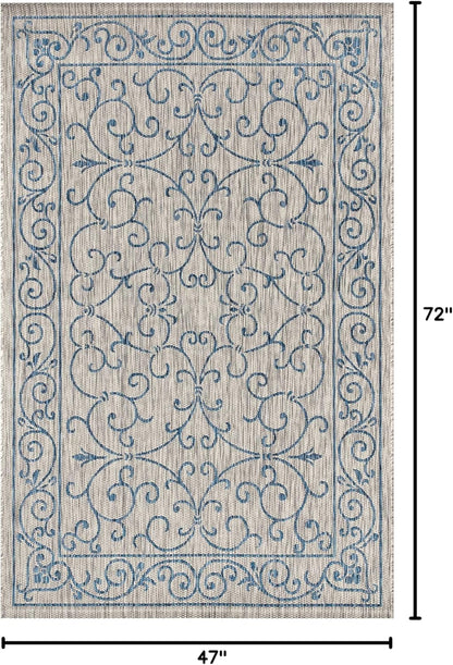 JONATHAN Y Vintage Filigree Indoor Outdoor Area Rug 4X6 Gray/Navy, Charleston Textured Weave for Backyard, Patio, Porch, Easy-Cleaning, High Traffic, Pet-Friendly, Non-Shedding (SMB106C-4)