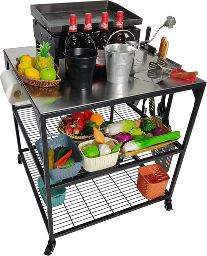 Stainless Steel 3-Tier Mobile Cart for Outdoor Grills & Pizza Ovens