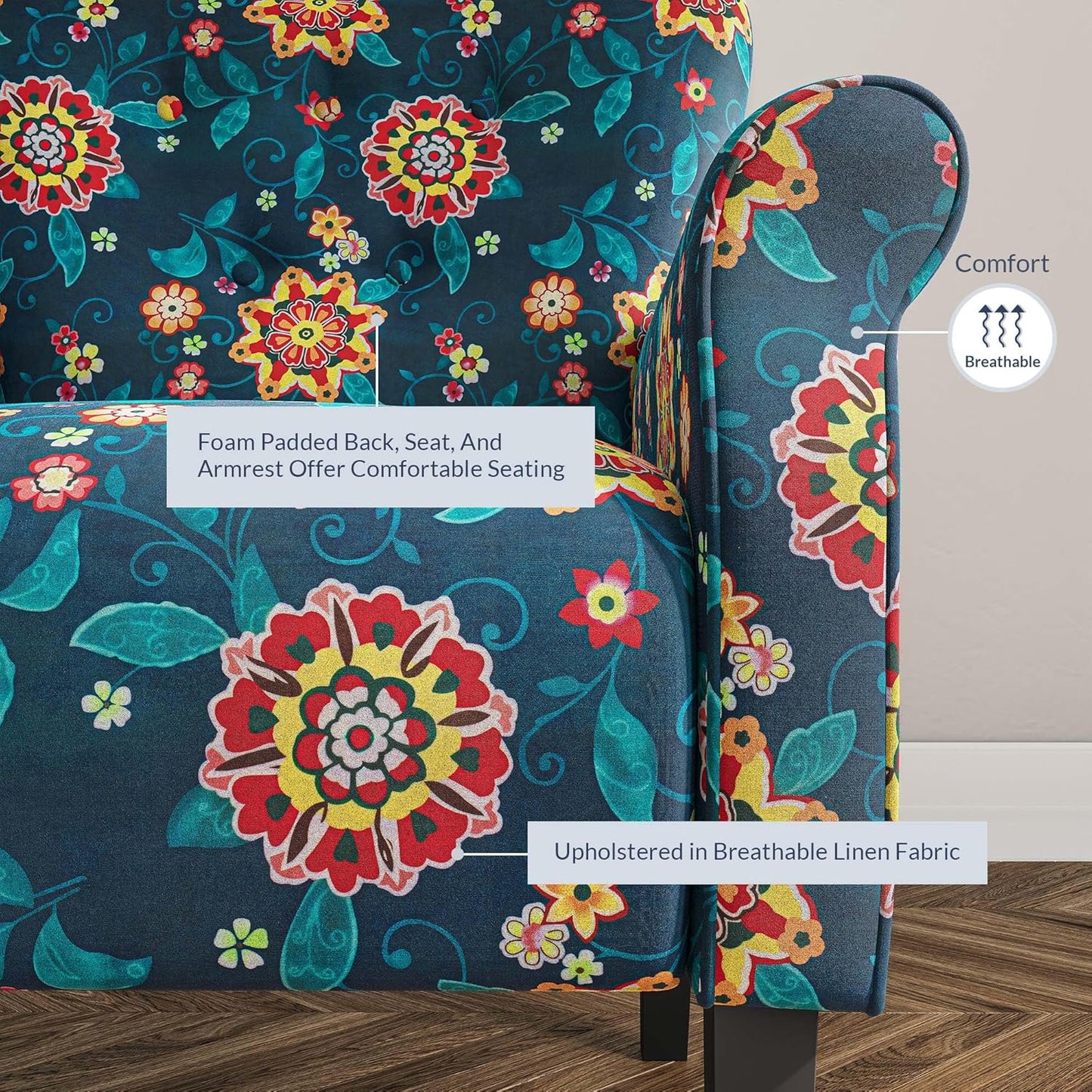 BELLEZE Modern Accent Chair for Living Room, High Back Linen Armchair with Wooden Legs, Upholstered Wingback Side Chair Padded Armrest Single Sofa for Living Room, Bedroom - Allston (Blue & Flower)