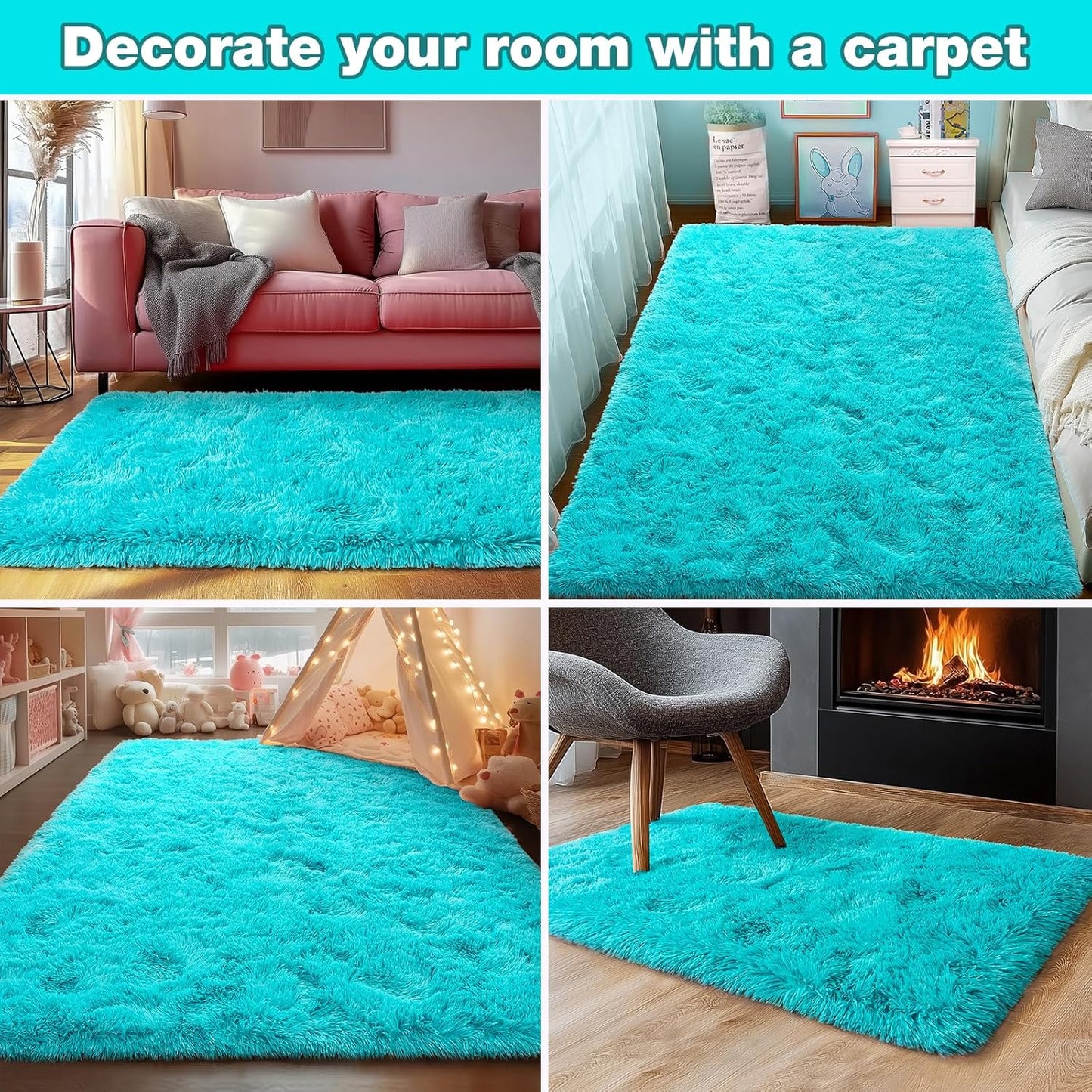 Rezutan Modern Shaggy Area Rug - Super Soft Fluffy Living Room Bedroom Rug for Kids Nursery, Classroom, Bedside Decor W/Non-Slip Bottom Teal Blue, 4x6 Feet